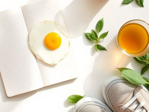 Open notebook with a fried egg on a page, next to a pencil. Nearby, a glass of orange juice, green leaves, and gray sneakers. Bright setting.