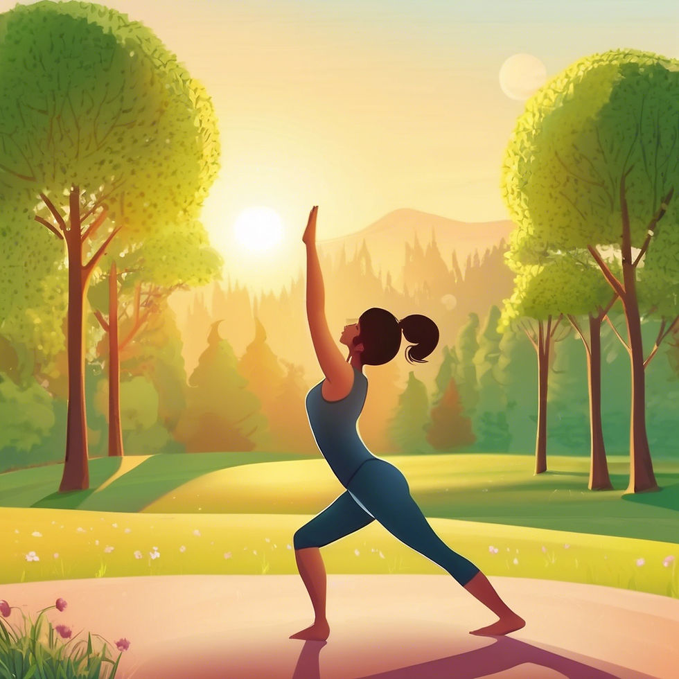 Woman doing yoga outside at sunrise, posing in warrior position. Surrounded by green trees and mountains, peaceful and serene atmosphere.