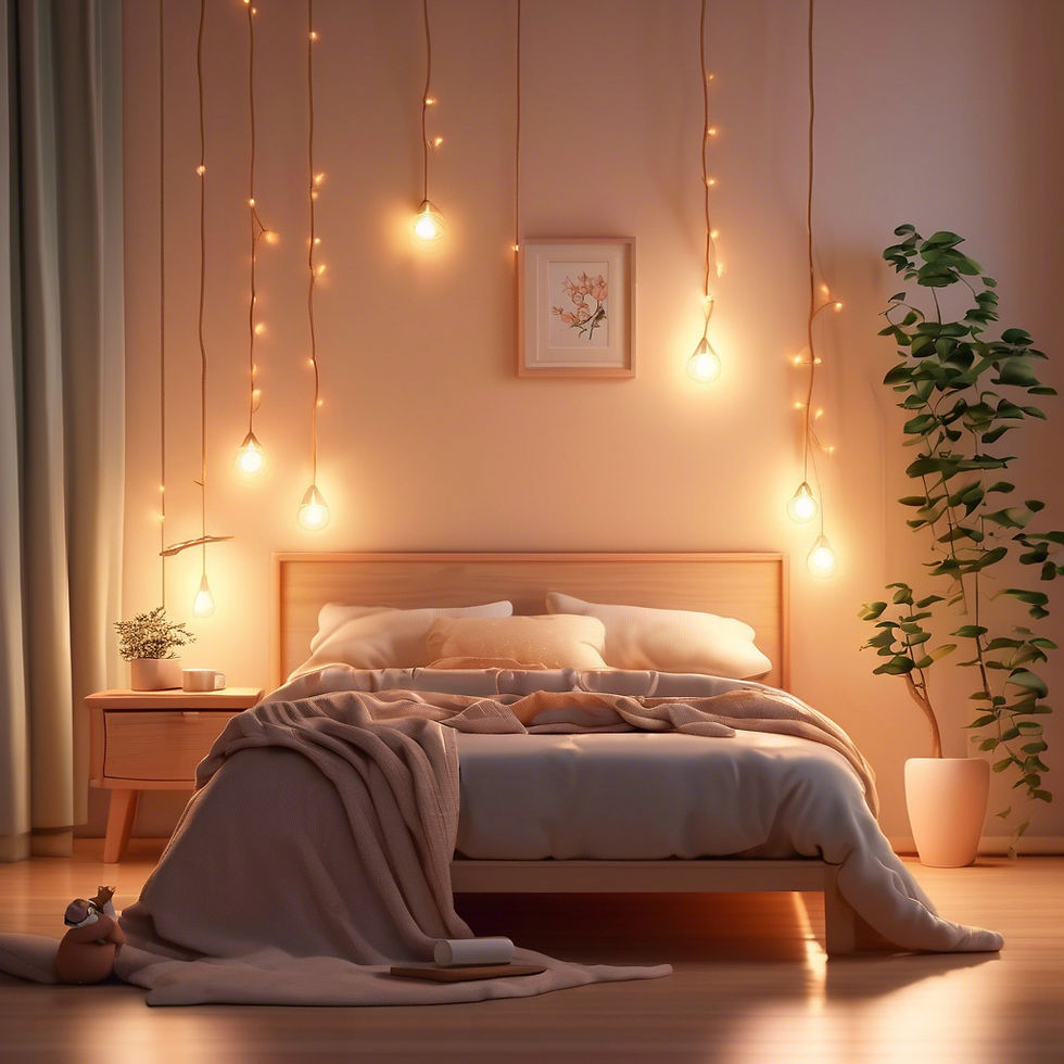 Cozy bedroom with hanging lights, a wooden bed, and a blanket. Plant, book, and vase adorn the space. Warm, inviting ambiance.