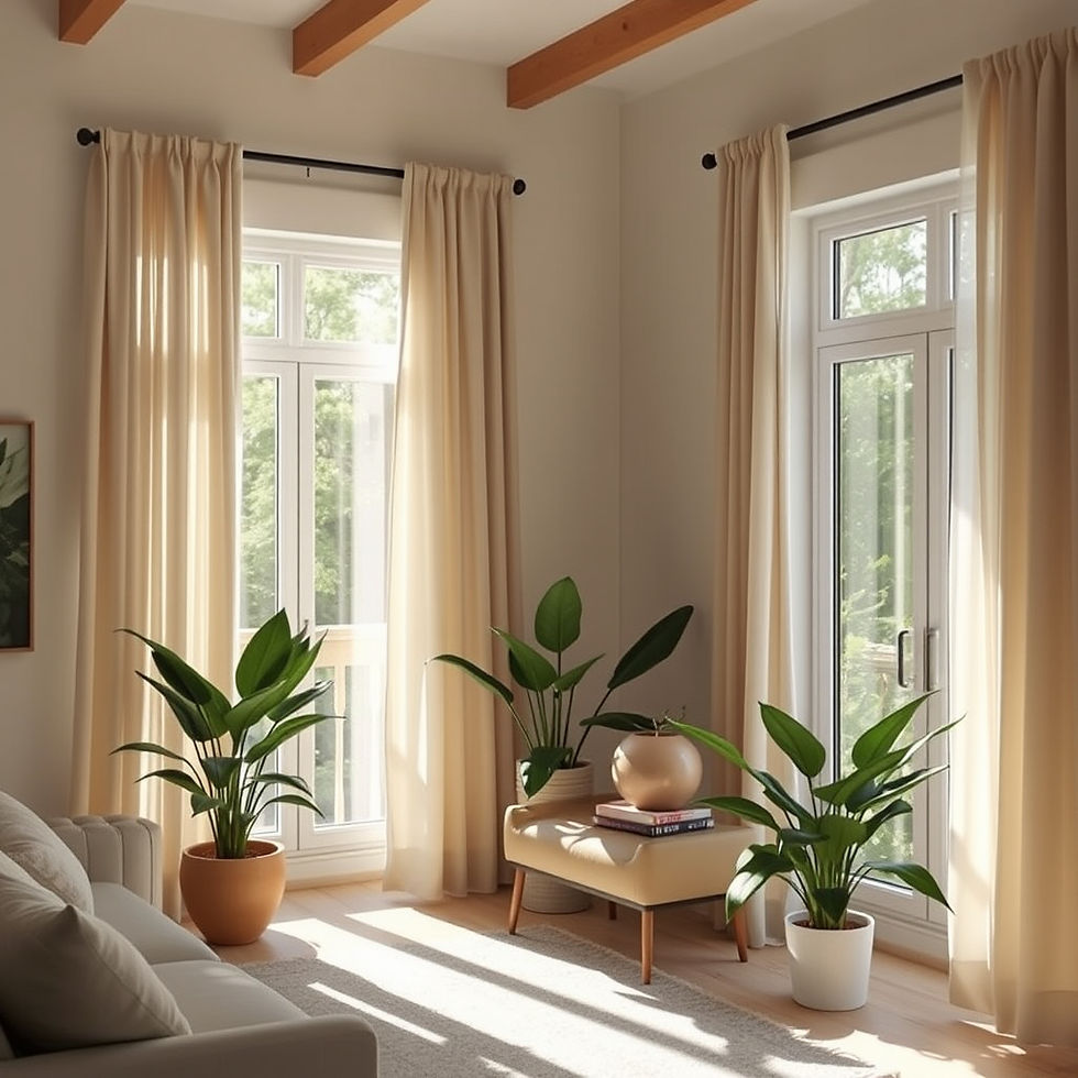 Bright living room with large windows, beige curtains, two potted plants, a sofa, and a small table with books, evoking a calm, airy feel.