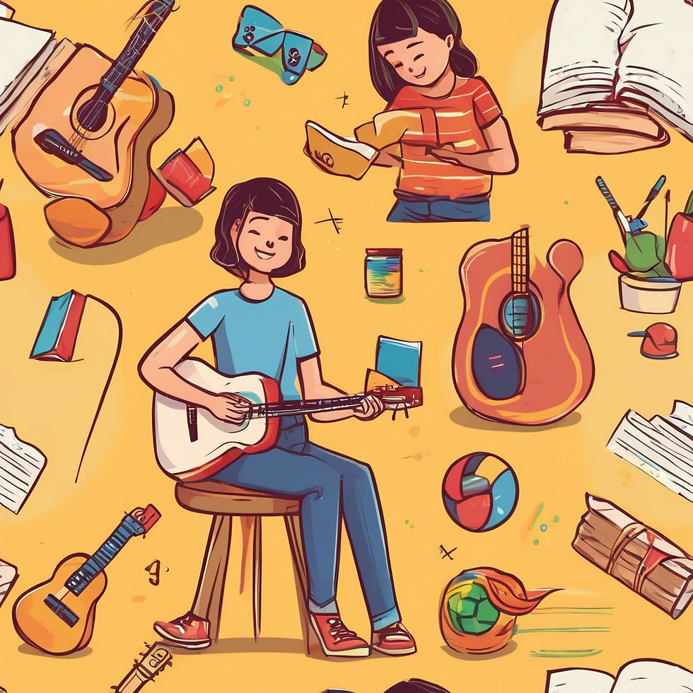 Two people with short hair, one strumming a guitar in a blue shirt, the other reading a book in a red striped shirt. Yellow background with musical and study items.