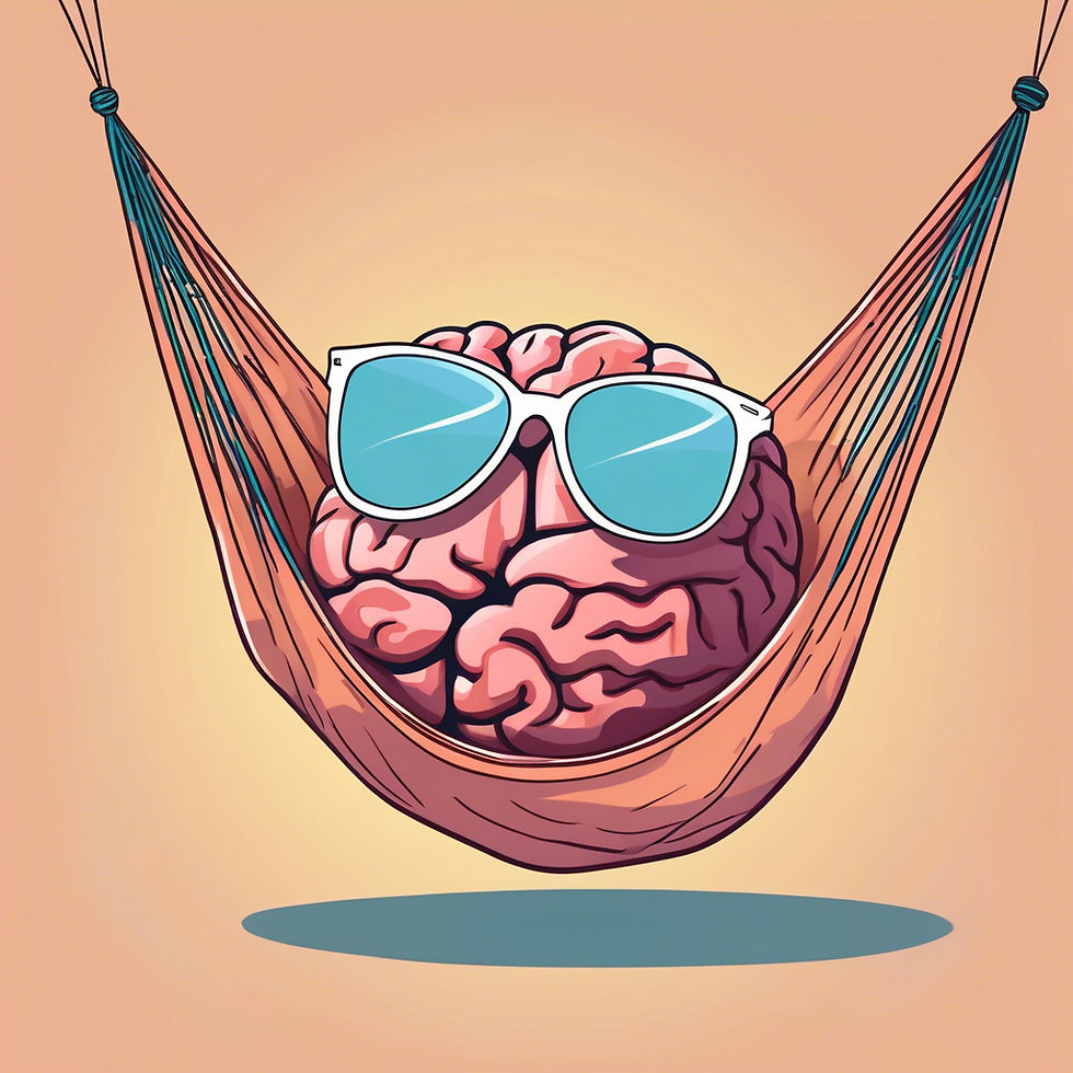 A cartoon brain wearing sunglasses relaxes in a hammock against a peach background, conveying a fun and relaxed mood.