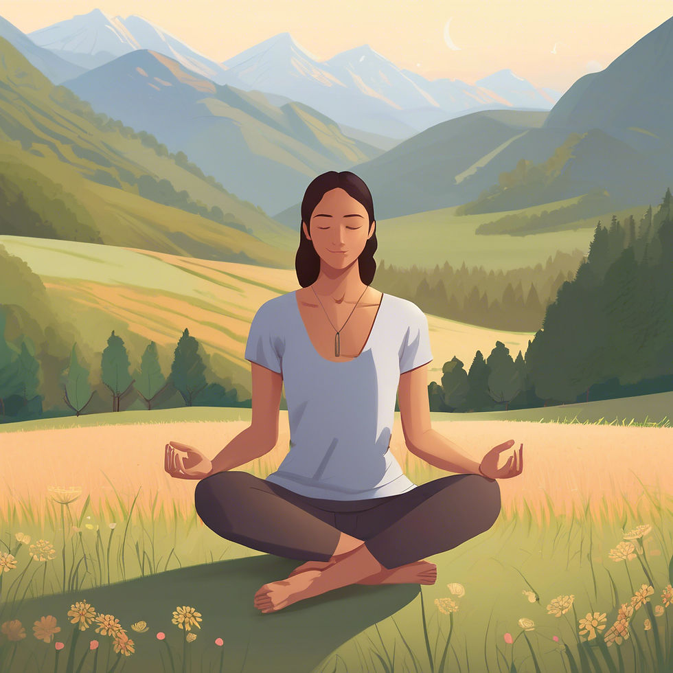 A person meditates calmly in a sunny meadow with distant mountains. Wearing a white shirt and necklace, they sit cross-legged on green grass.