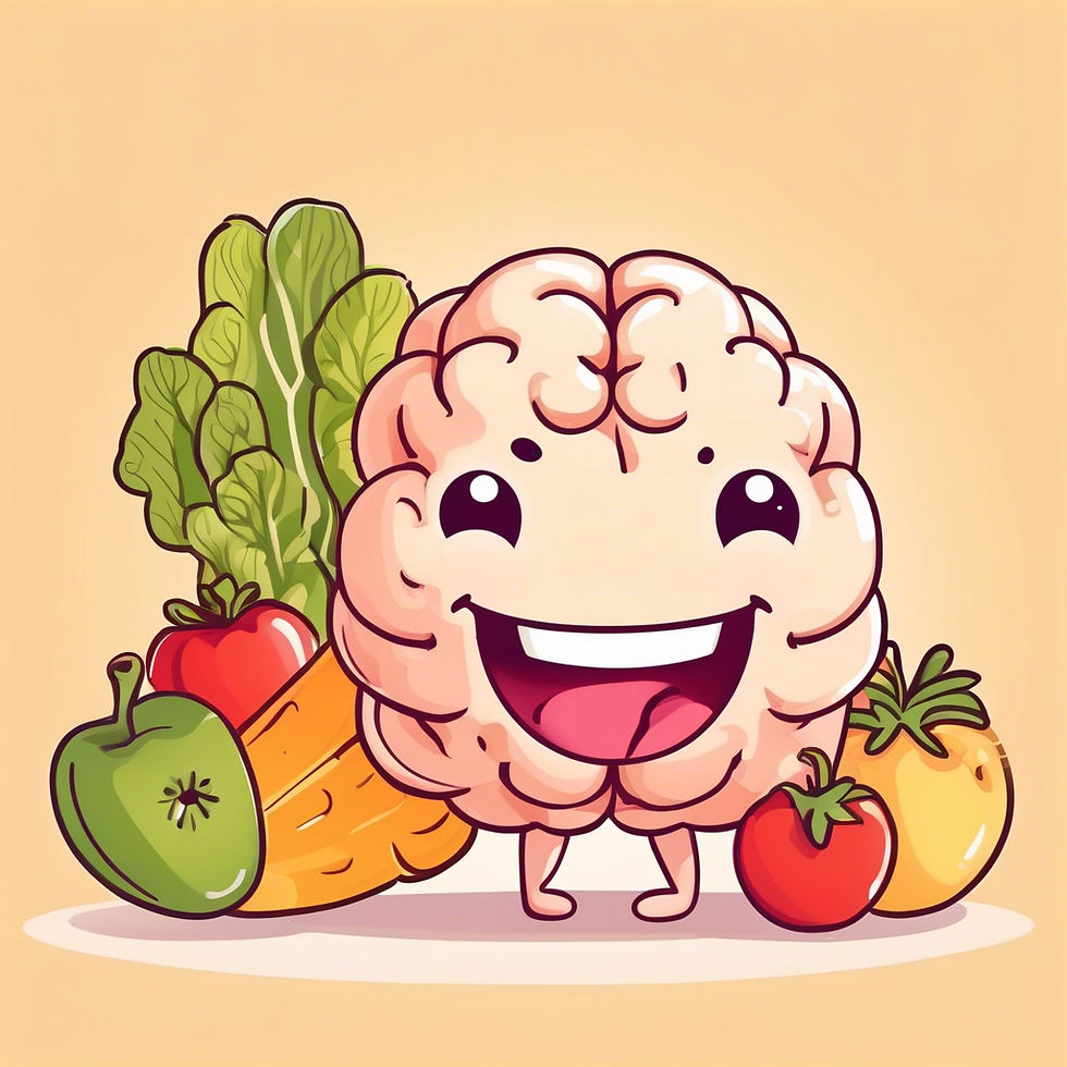 Cute cartoon brain with a big smile stands among colorful veggies—spinach, carrot, tomato, apple, and bell pepper—on a beige background.