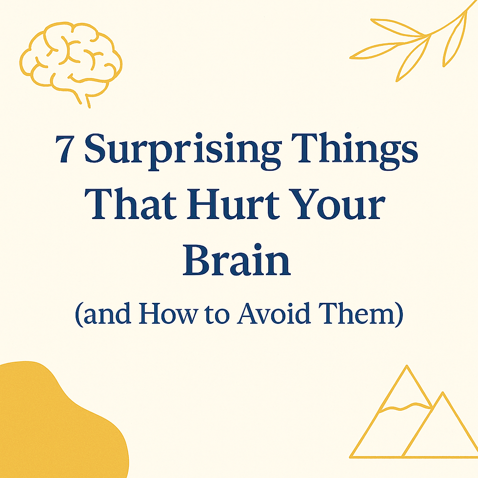 Text on a light background reads "7 Surprising Things That Hurt Your Brain (and How to Avoid Them)" with yellow brain, leaf, and mountain icons.