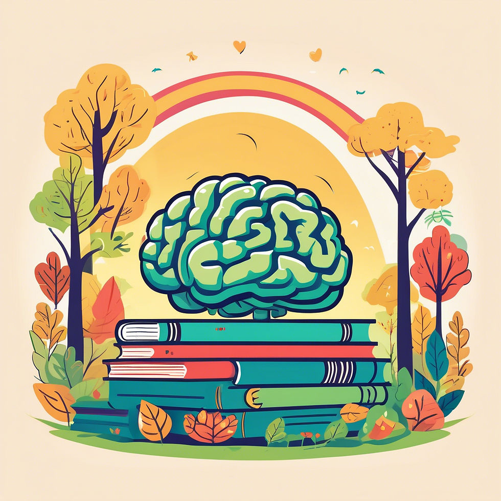 Brain on stacked books with autumn trees and a rainbow in the background. Vibrant colors suggest creativity and learning.