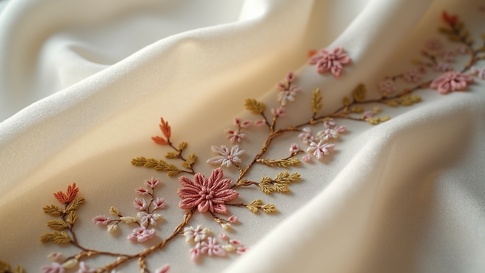 Close-up view of sustainable fashion fabric showcasing intricate embroidery