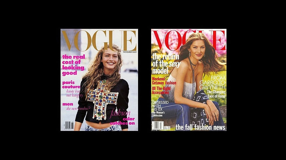 A primeira  capa de Anna Wintour no comando, em 1989 e a capa que alçou Gisele ao estrelato representando um novo momento na moda.