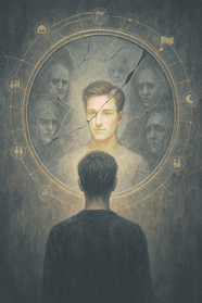 Çatlak bir aynaya bakan bir figür; aynanın merkezinde idealize edilmiş parlak benlik, çevre parçalarda ise haset, korku, utanç ve yalnızlık gibi gölgeli yüzler görülüyor. Aynayı çevreleyen ince ağ, verili yaşam örüntüsünü simgeleyen küçük ikonlarla işlenmiş.