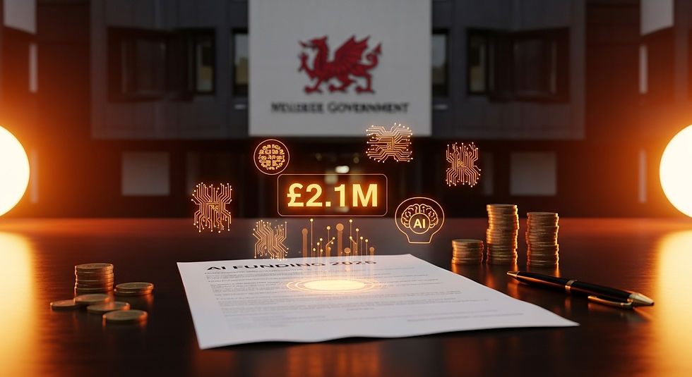Welsh Government building with digital AI graphics overlay representing AI funding for businesses