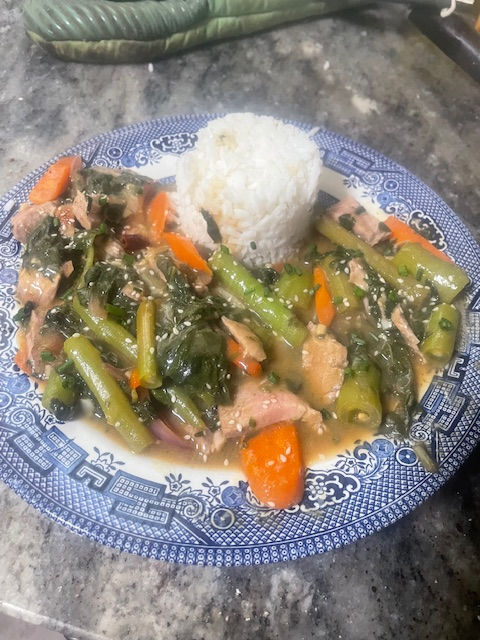 A prepared plate of 'Pork and Poke' stir fry.