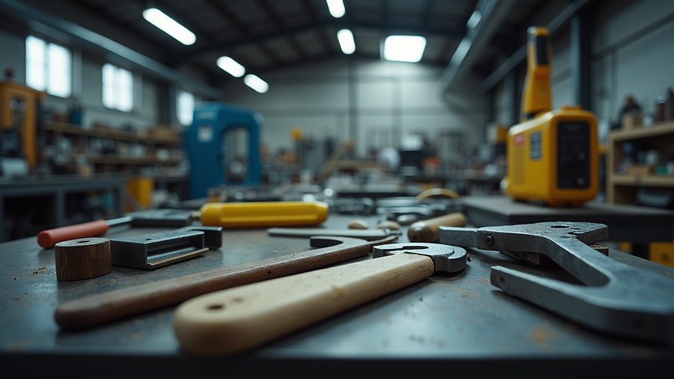 Eye-level view of a modern workshop with various tools and equipment