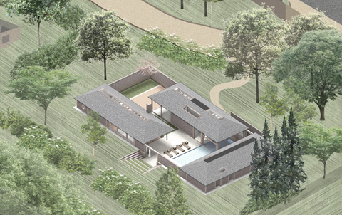 An aerial view of a modern house with a swimming pool, surrounded by lush greenery and trees.