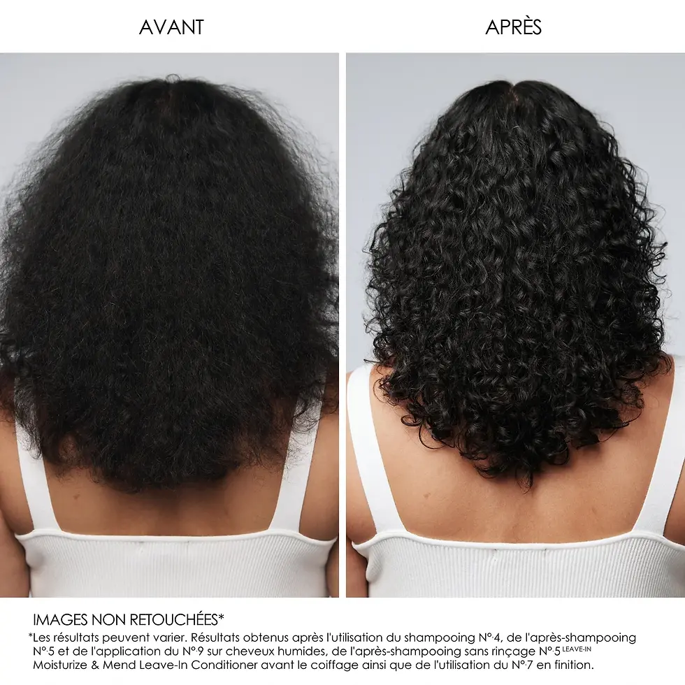 Miniature : "Résultats avant/après avec la routine Olaplex incluant le N°4 Shampoo, N°5 Leave-In Conditioner et N°7 Bonding Oil pour des boucles définies et hydratées, disponibles au salon Jouvanceau à Lyon."