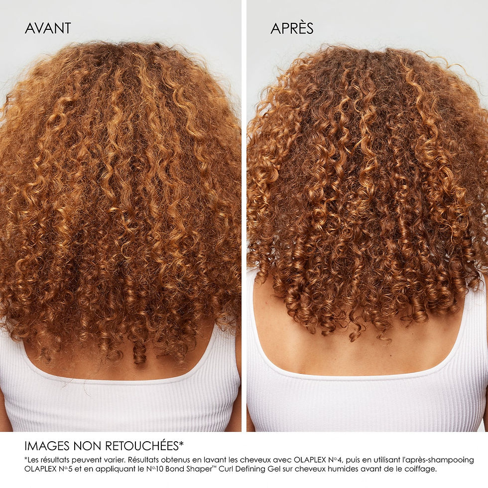 Miniature : "Avant/après avec Olaplex N°10 Bond Shaper Curl Defining Gel pour des boucles mieux définies et sans frisottis, disponible au salon Jouvanceau à Lyon."