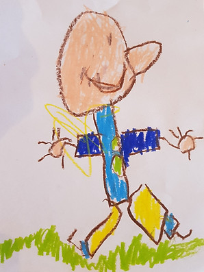 Un dessin d'enfant représentant un bonhomme qui marche les bras écartés
