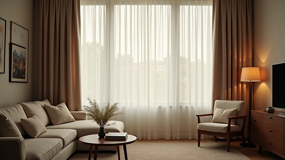 Eye-level view of thick curtains hanging in a cozy living room