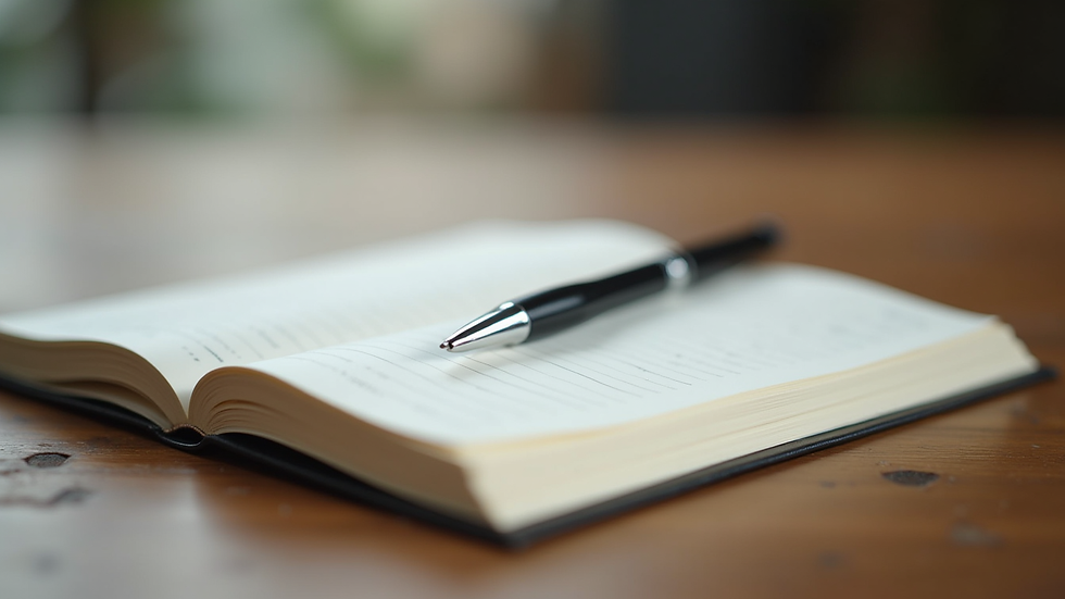Close-up view of a journal and pen on a wooden table, symbolizing reflection and growth