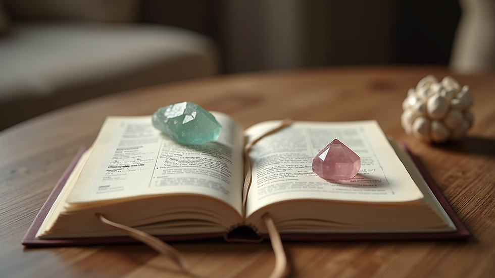 Close-up view of a journal and crystals on a wooden table