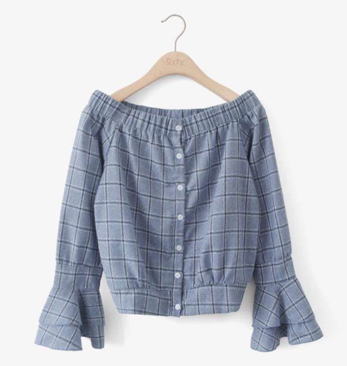 縮圖：Checkered Off Shoulder Horn Sleeves