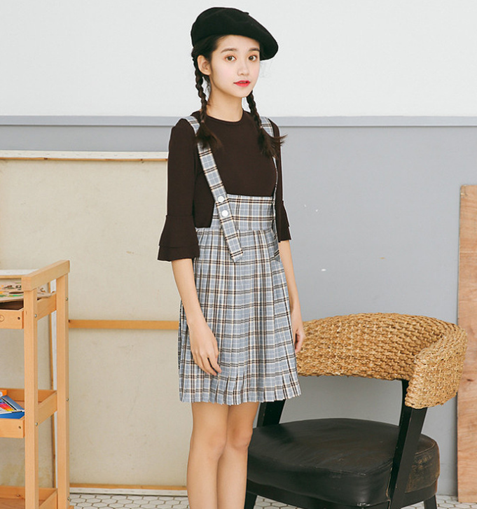 縮圖：Strap Plaid Pleated Mini Skirt