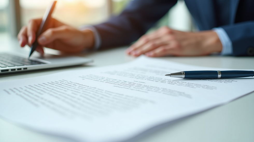 Close-up view of legal documents and a pen on a desk