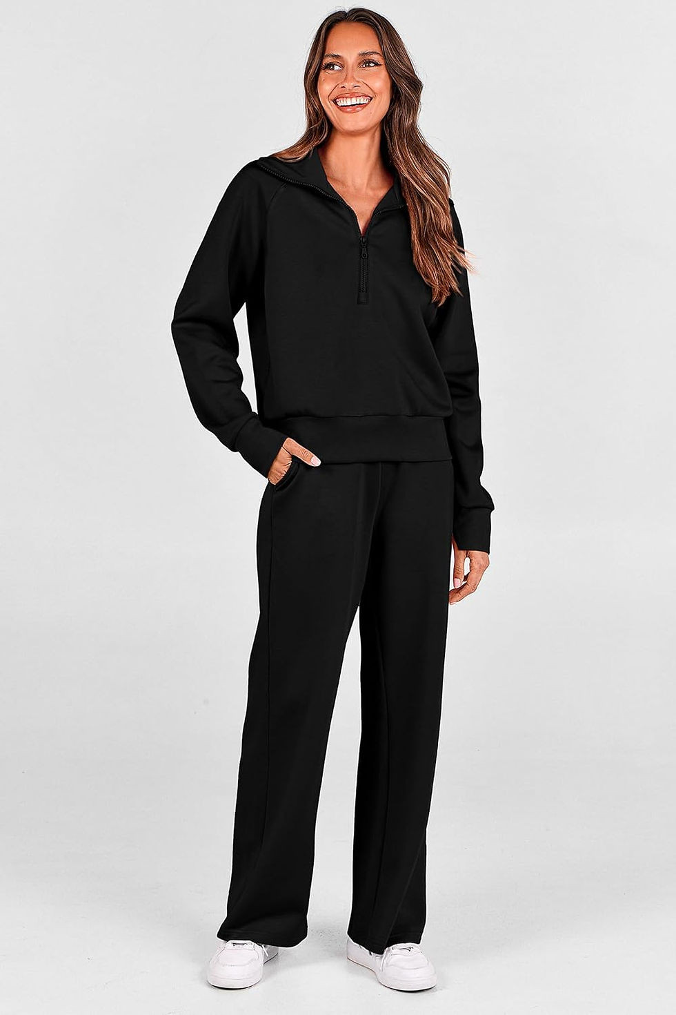 Thumbnail: PRETTYGARDEN Women's 2 Piece Outfits Casual Lapel Half Zip Sweatshirts and Wide 