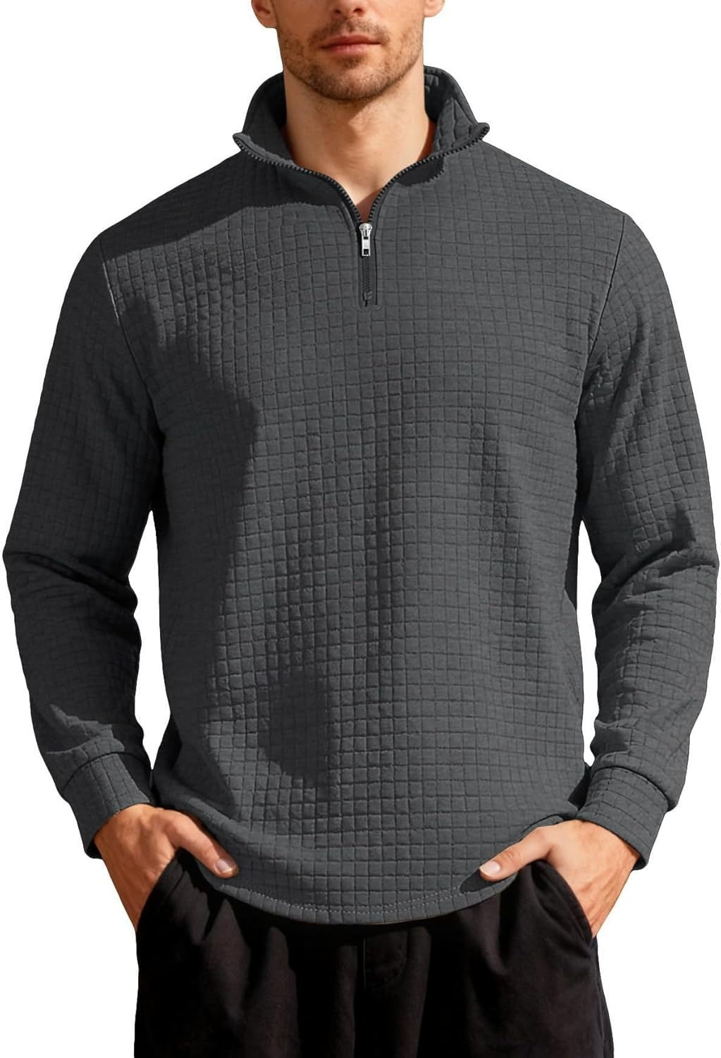 Scapodo Men's Fall Quilted Pullover, Zip Collar Long Sleeve Sweatshirt