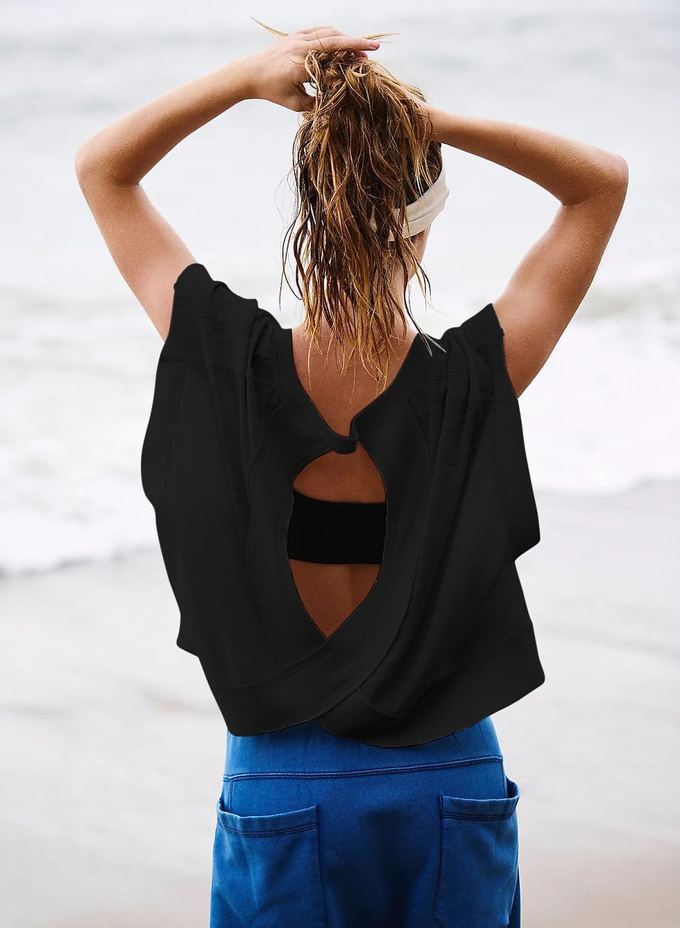 Thumbnail: Kumufenc Women Short Sleeve Workout Shirts Open Back Tops Casual Yoga Y2k Athlet