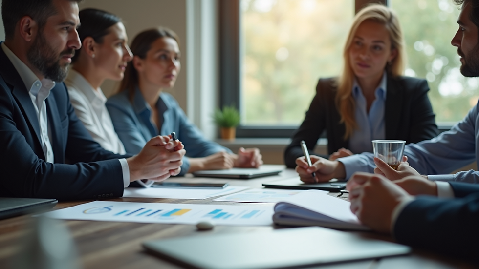 Eye-level view of a business team discussing marketing strategies around a table