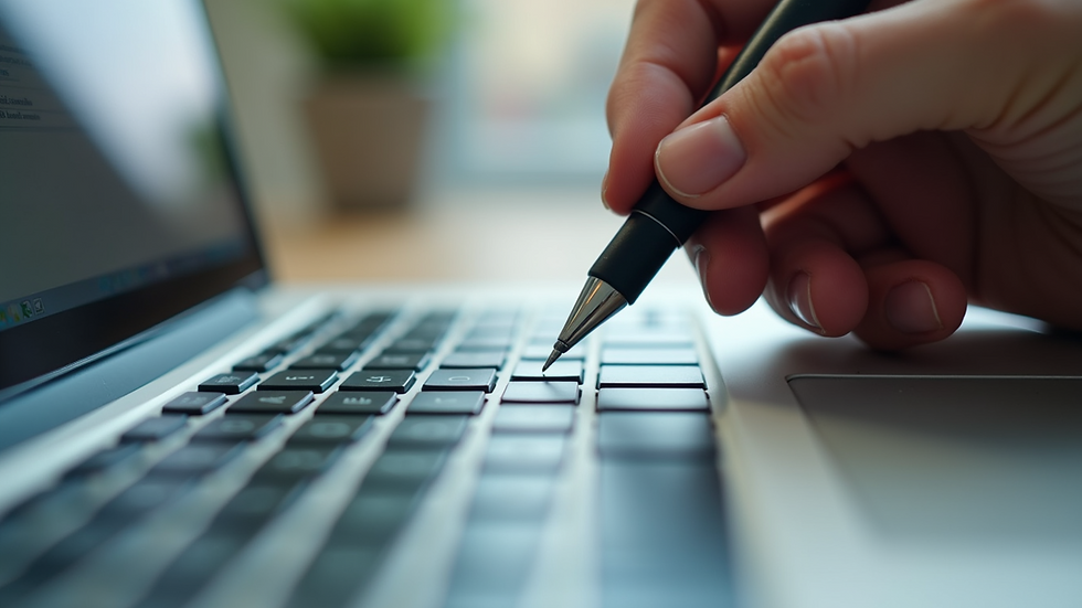 Close-up view of a professional writing content on a laptop
