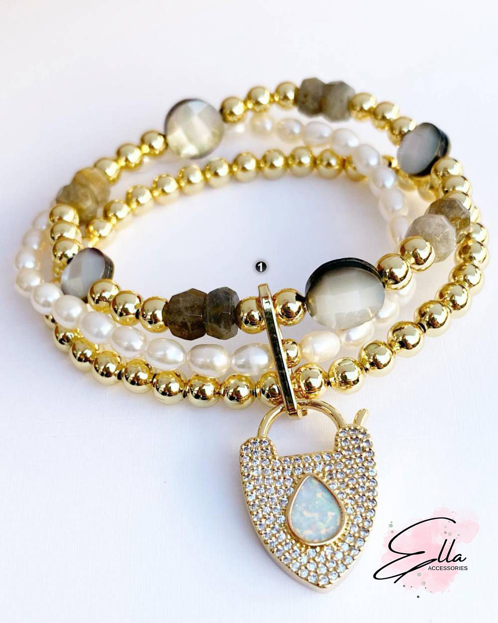 Gold Filled Bracelet, Semi-Precious Stones, Pearls & Padlock Pendant