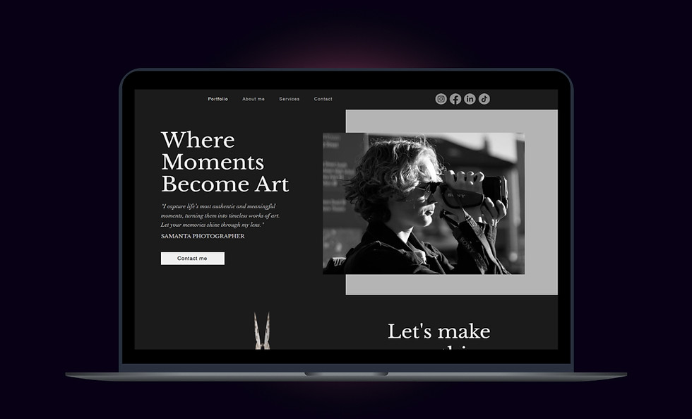 Photography portfolio website template with a black and white theme, showcasing professional images and artistic design