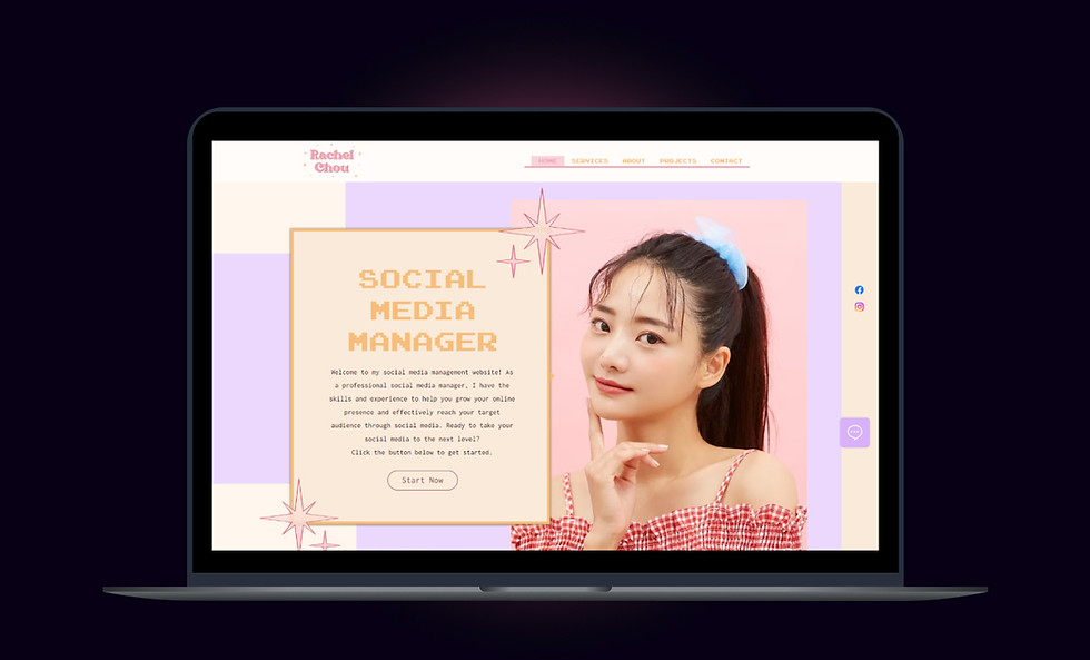 Social media manager website template with a clean layout, soft pastel theme, and professional photo showcasing services.