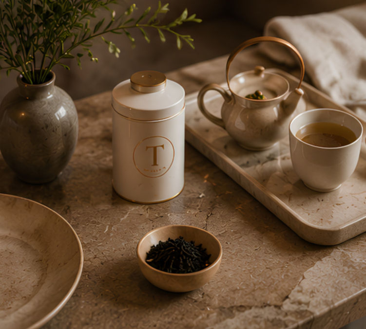 Tea jar, loose leaves, teapot, and brewed tea in a cup