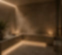 Modern steam room with stone bench, soft lighting, and steam