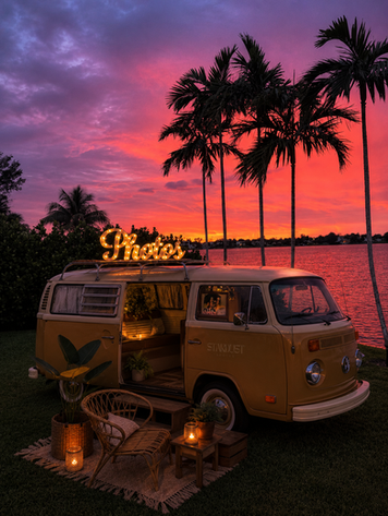 Vintage photo bus by a lake at sunset with palm trees.