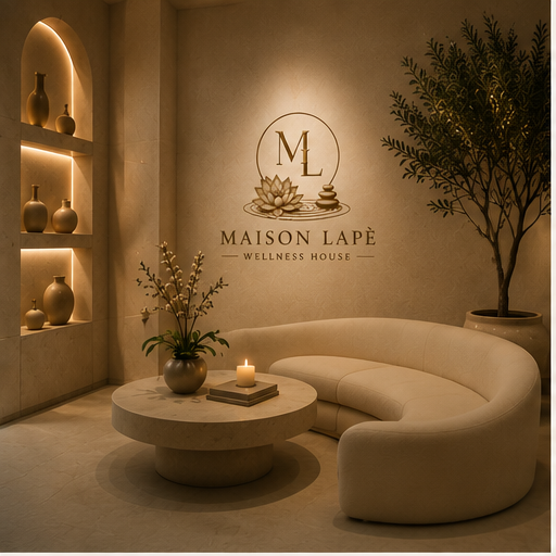 Maison Lapé Wellness House logo in serene lounge