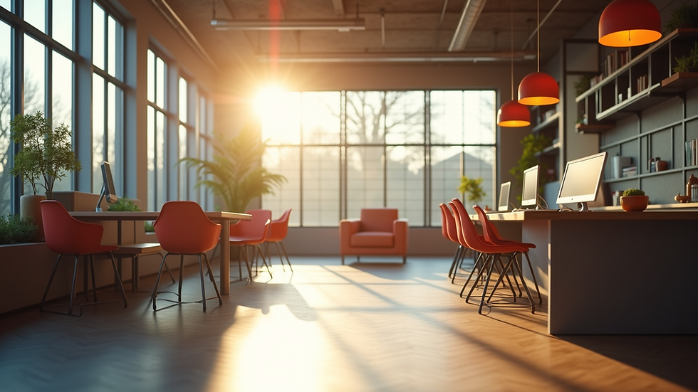 Weitwinkelaufnahme eines modernen Coworking Spaces mit hellem Tageslicht