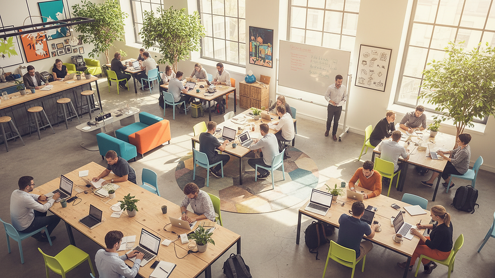 High angle view of a coworking space with people working and collaborating