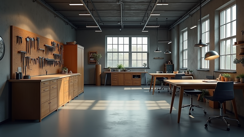 Nahaufnahme eines modernen Handwerkerbüros mit Werkzeugregalen und Schreibtisch
