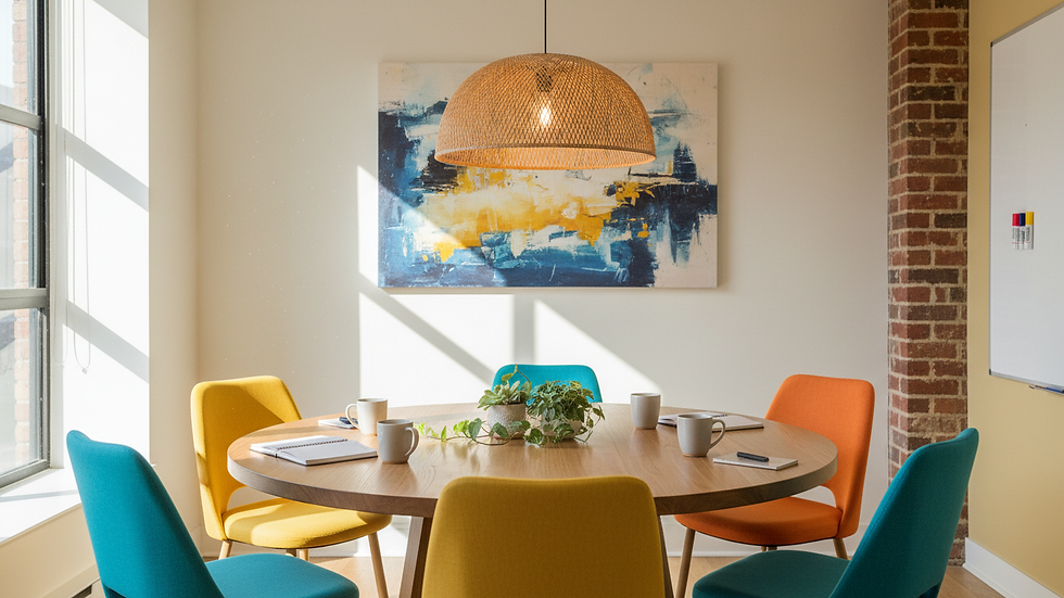 Close-up view of a coworking space meeting room with a round table and chairs