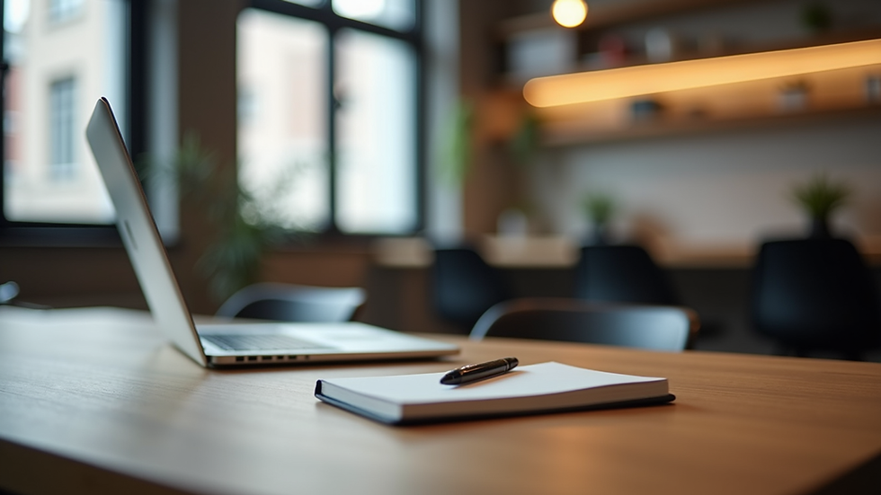 Nahaufnahme eines modernen Arbeitsplatzes mit Laptop und Notizbuch in einem Coworking Space