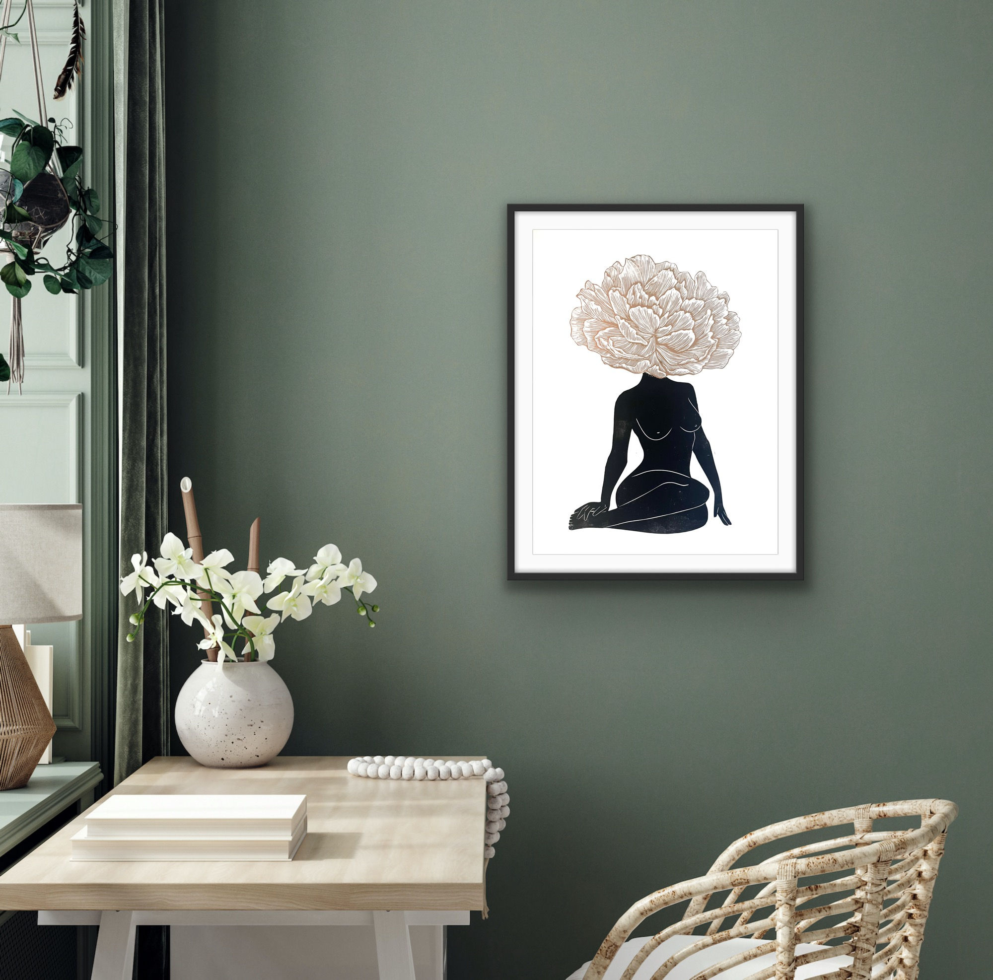 Flora Nude Female Floral Linocut Art Print