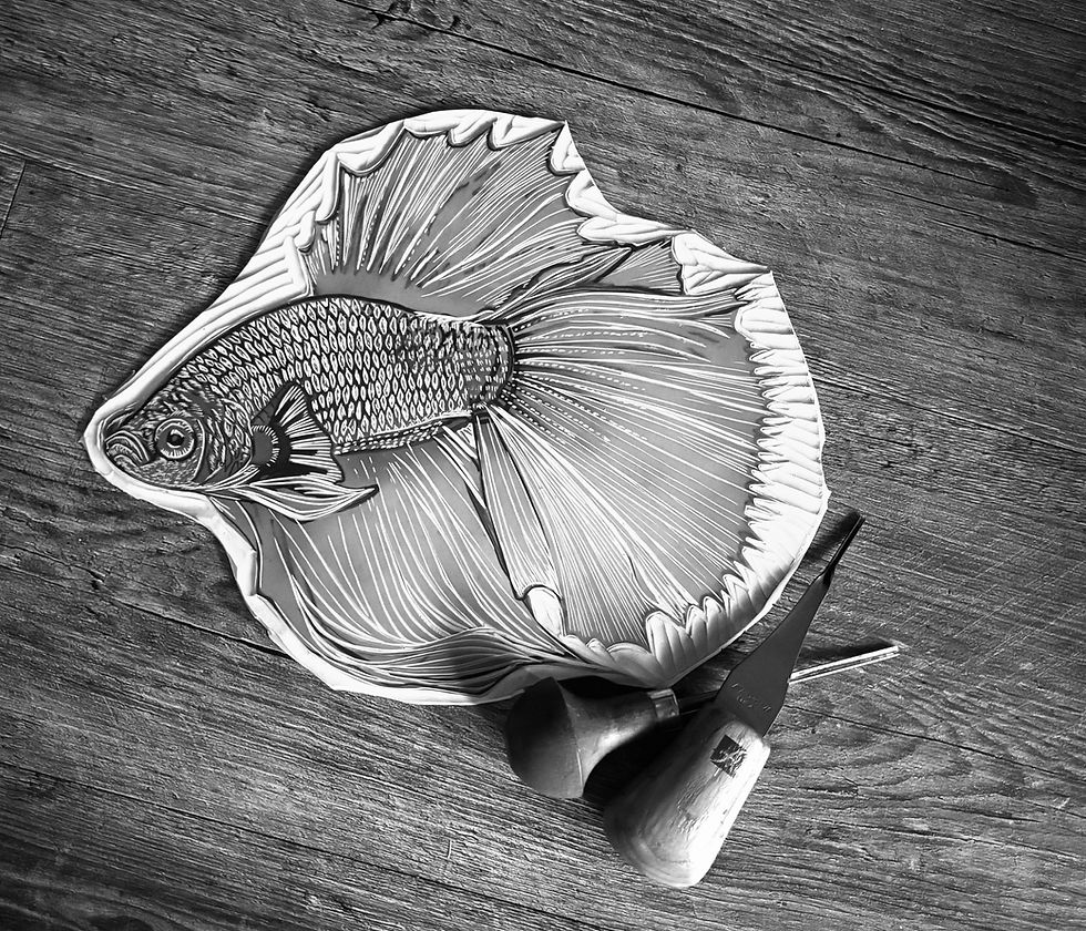 Thumbnail: Siamese Fighting Fish (Betta Fish) Linocut Print