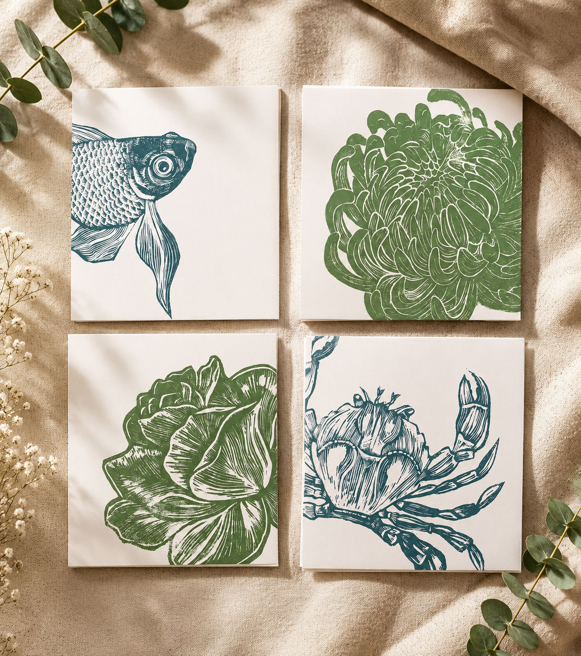 Handmade Nature Themed Linocut Greeting Cards
