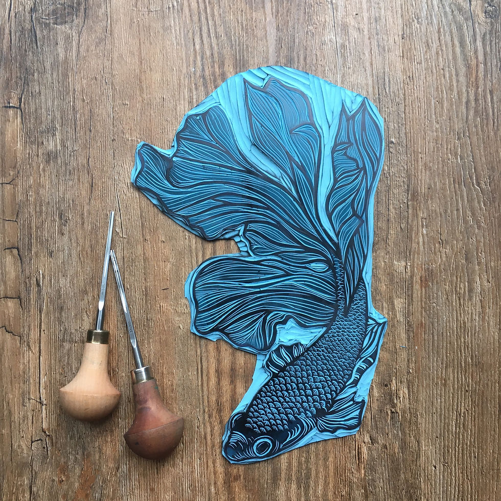 Thumbnail: Teal Blue Framed Seahorse Linocut Block