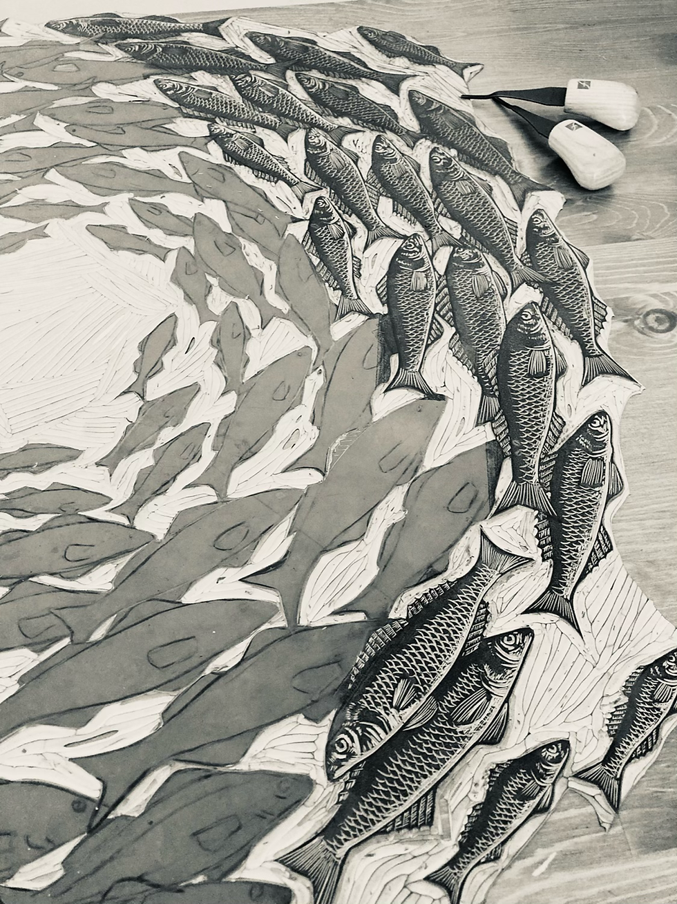 Thumbnail: Go Your Own Way - Blue School of Fish Linocut