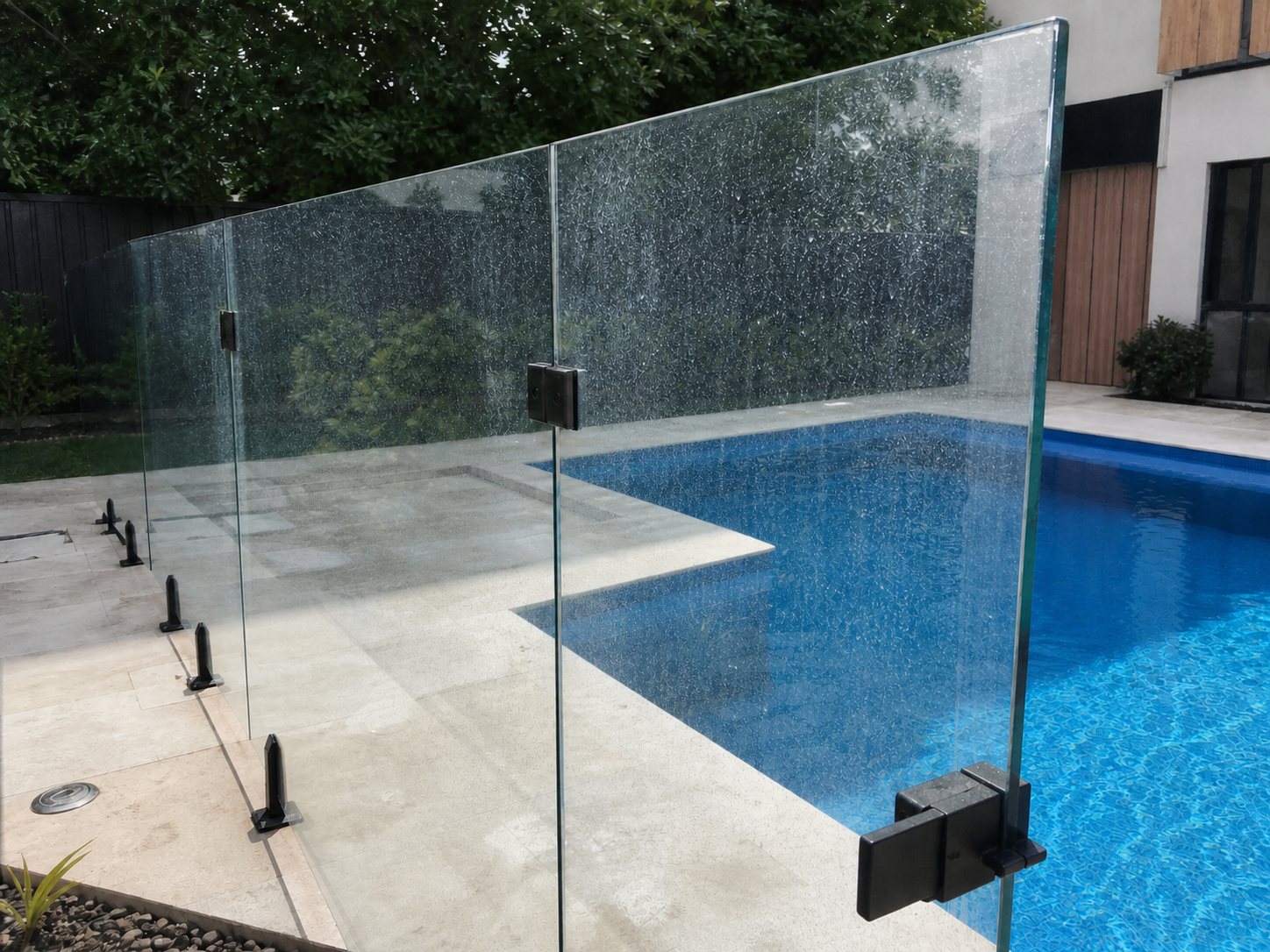 Pool glass before hydrophobic coating with outdoor water marks and natural build-up