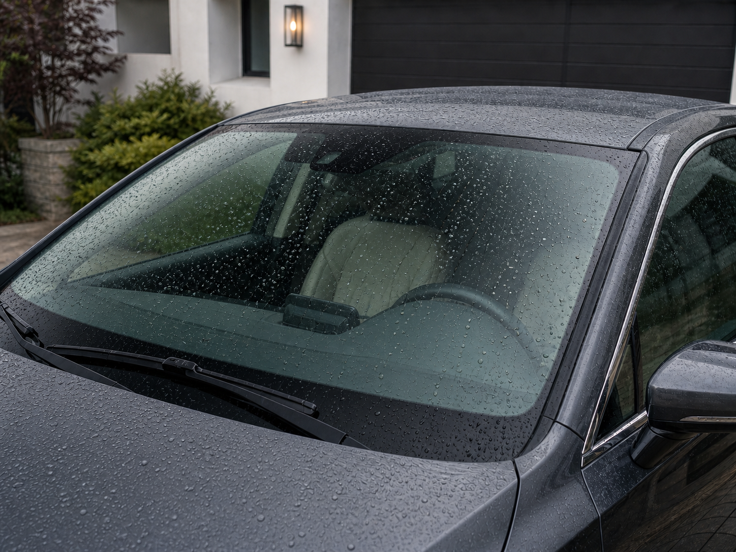 Car windscreen after hydrophobic coating with water beading on treated glass